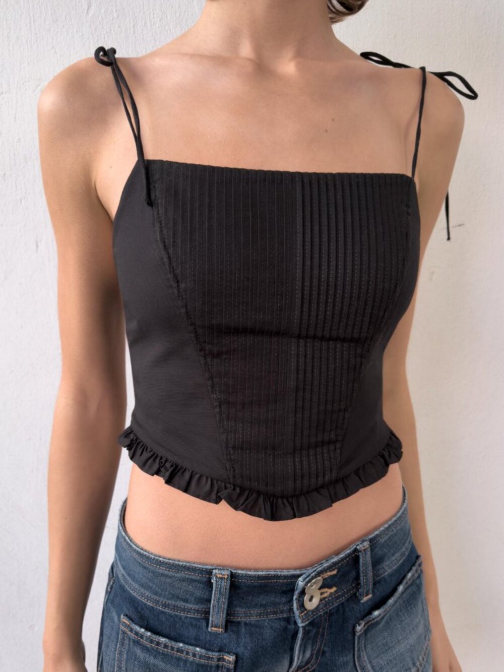 Zara Poplin Black Corset Crop Top with Ties - Size Medium